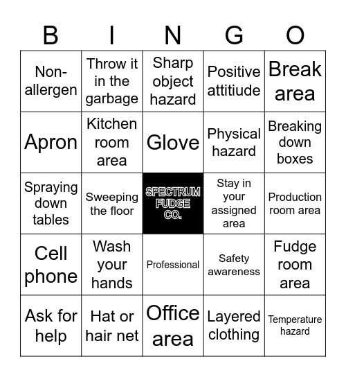 Spectrum Fudge Co. Safety Bingo Card