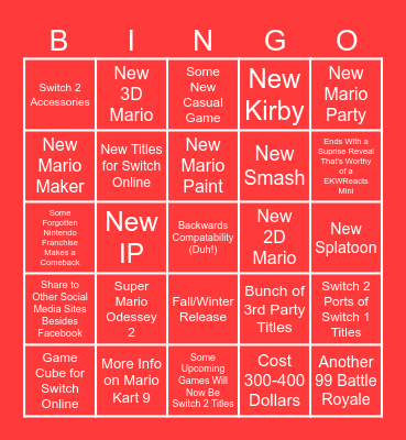 Nintendo Direct (Switch 2) Bingo Card