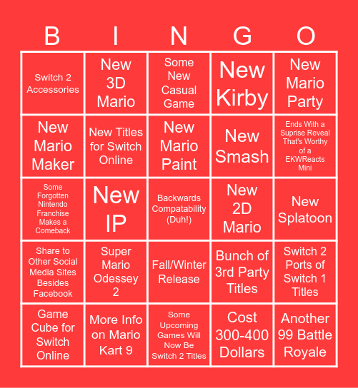 Nintendo Direct (Switch 2) Bingo Card
