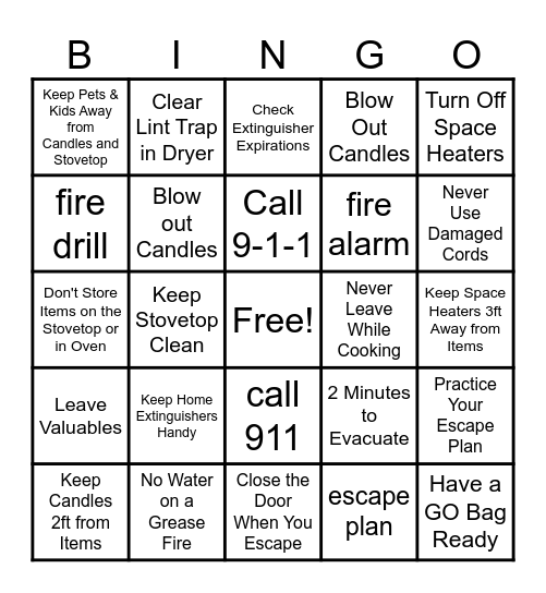 Fire Safety BINGO Card