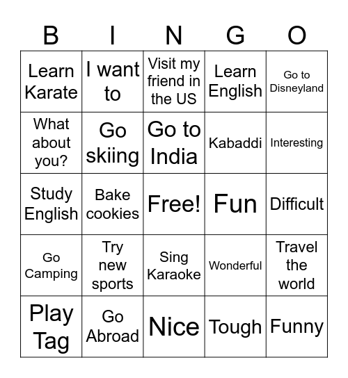 My Plans Bingo Card