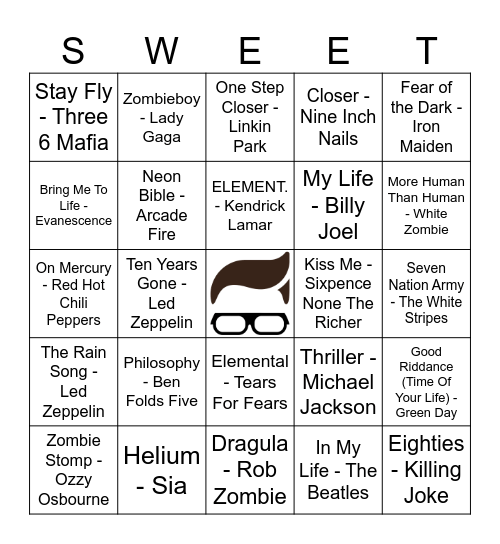 Sweet Avenue Music Bingo 4/1 Bingo Card