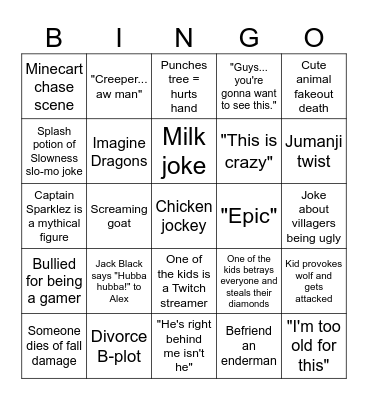 Minecraft Movie Bingo Card