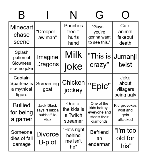 Minecraft Movie Bingo Card