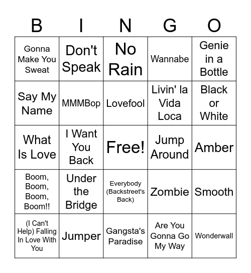 90s Music Bingo Round 1 Bingo Card