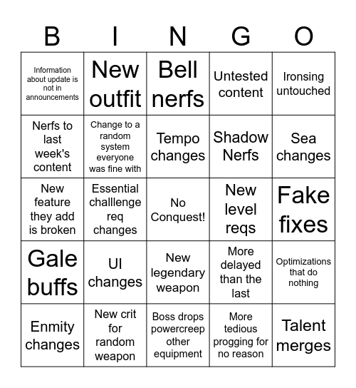 Monday Update Special Bingo Card