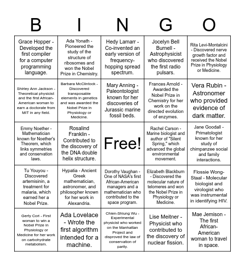 Women in STEM Bingo Card