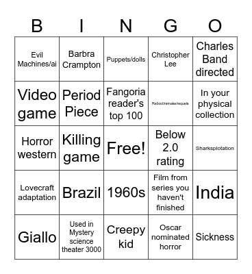 April Horror challenge Bingo Card