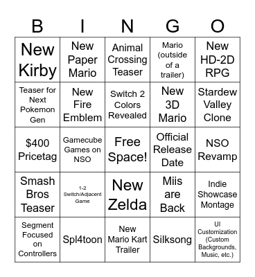 Matt's Nintendo Direct Bingo Card