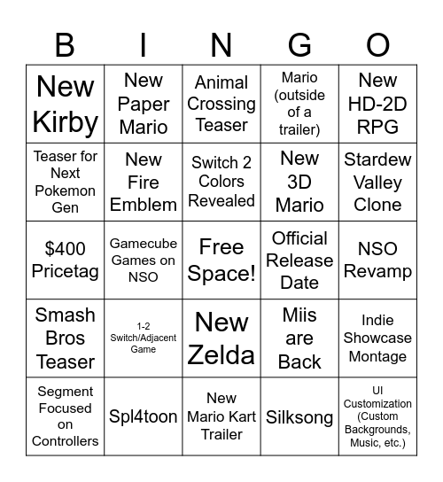 Matt's Nintendo Direct Bingo Card