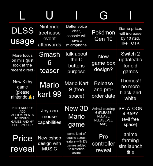 Switch 2 direct bingo! Bingo Card