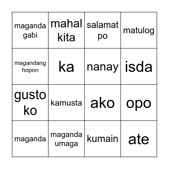 Filipino Bingo Card