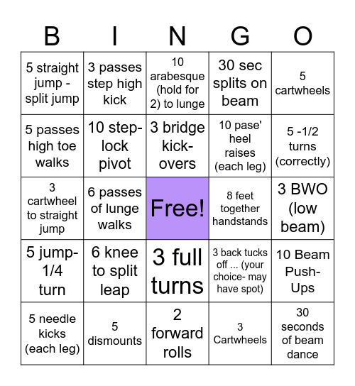 Balance Beam Bingo Card