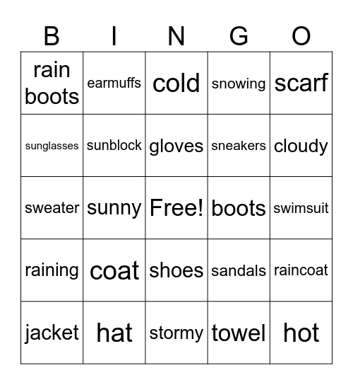 ELD Weather & Clothes Bingo Card