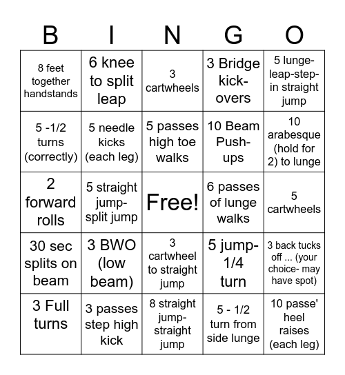 Balance Beam Bingo Card