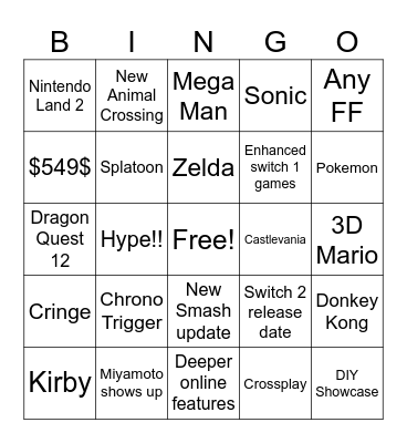 Nintendo Direct Switch 2 Bingo Card