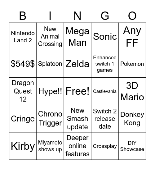 Nintendo Direct Switch 2 Bingo Card