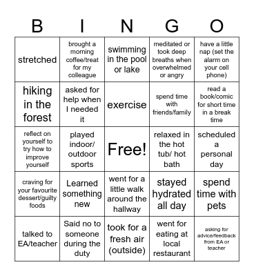 Self-care menu Bingo Card