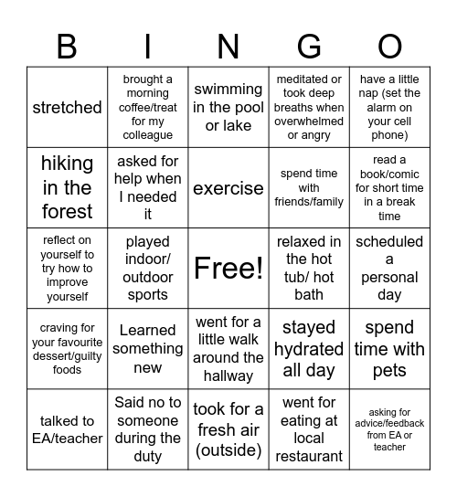 Self-care menu Bingo Card