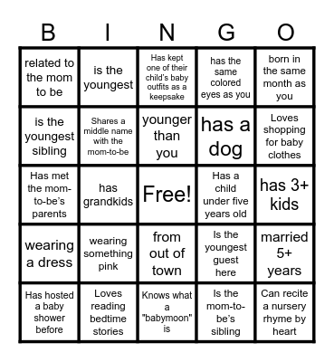 Baby Shower Bingo - Find the Guest Bingo Card