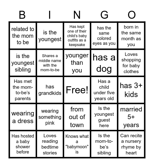 Baby Shower Bingo - Find the Guest Bingo Card