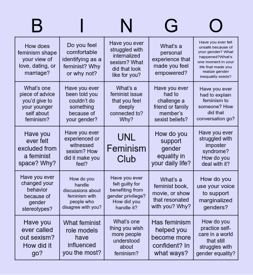 UNL Feminism Club Bingo Card