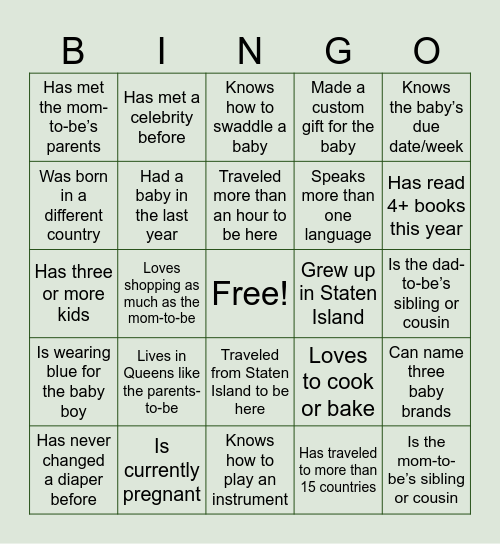 Baby Shower Bingo Card