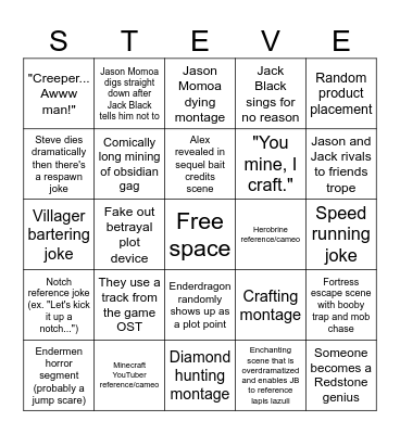 Minecraft Movie Bingo Card