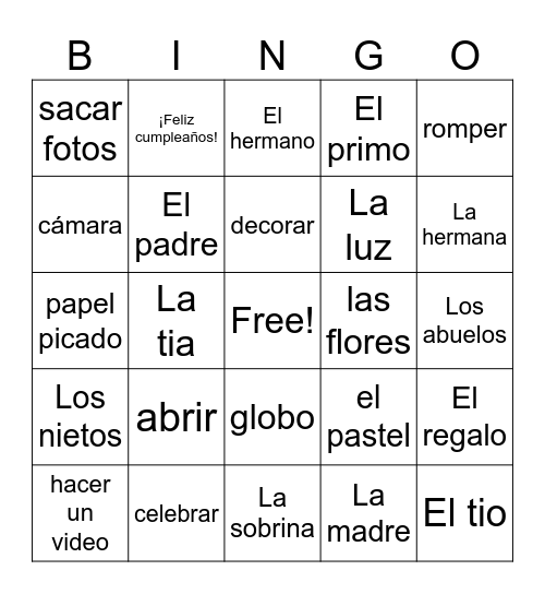 5A Vocabulario Bingo Card