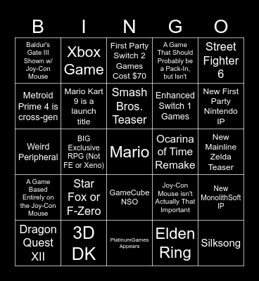 Nintendo Switch 2 Direct Bingo Card
