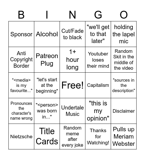 Video Essay Bingo Card