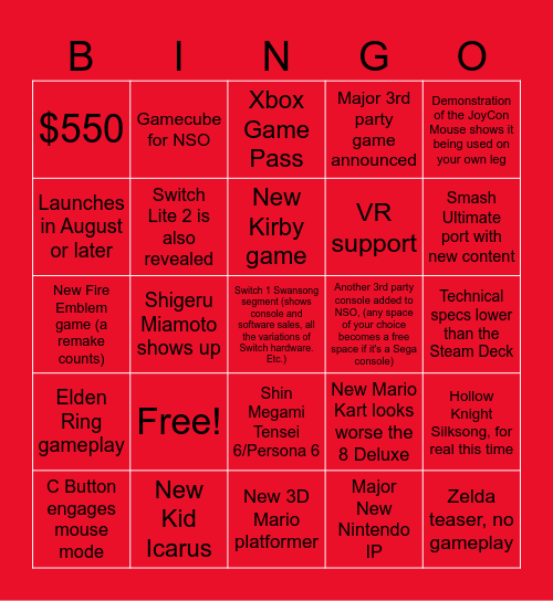 Switch 2 Showcase Bingo Card