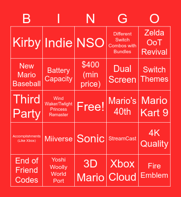 Nintendo Switch 2 Predictions Bingo Card