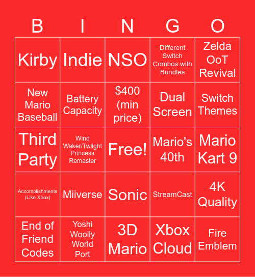 Nintendo Switch 2 Predictions Bingo Card