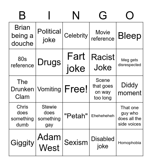 Family Guy Bingo Card