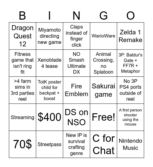 Switch 2 Direct Bingo Card
