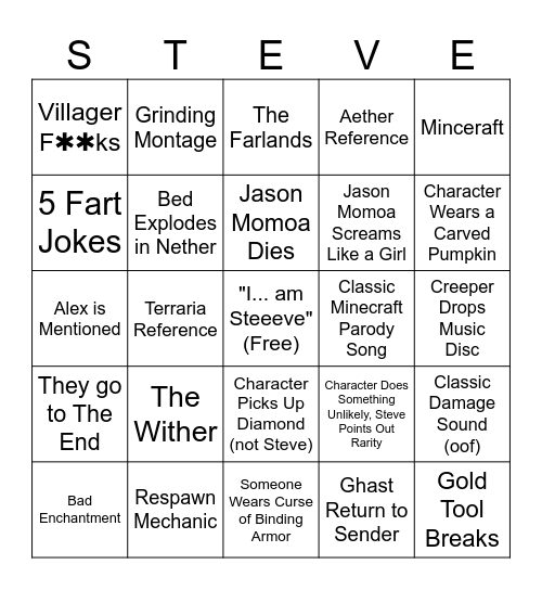 Minecraft Movie Bingo Card