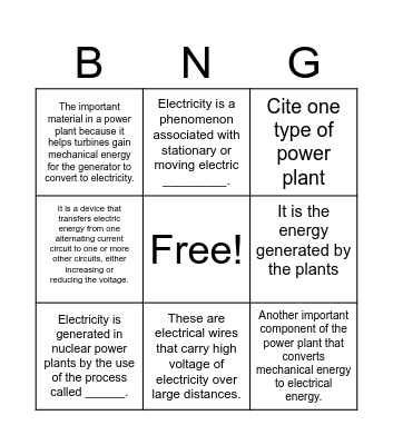 ELECTRICITY BINGO Card