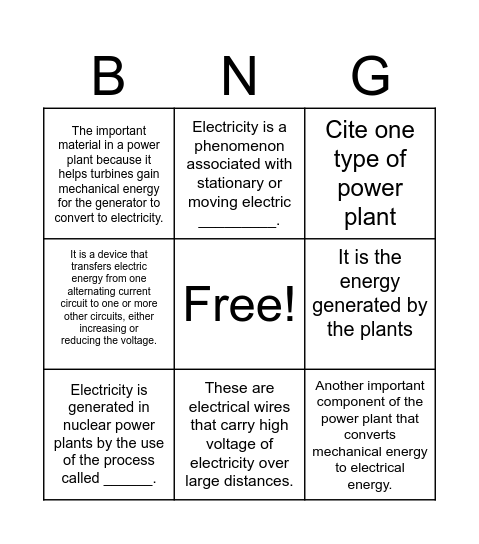 ELECTRICITY BINGO Card