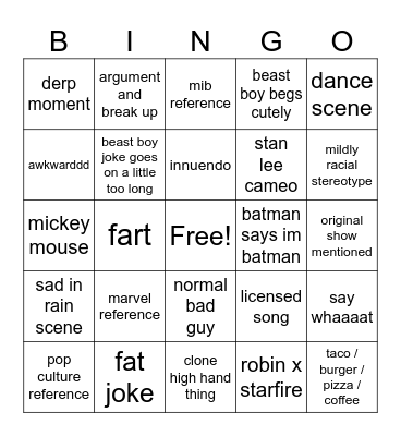 Teen Titans Go movie Bingo Card