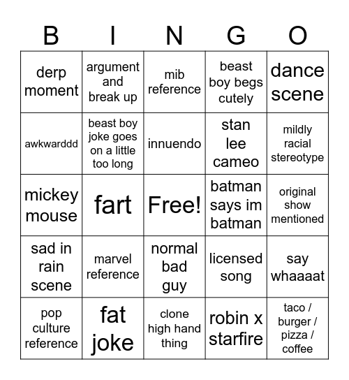 Teen Titans Go movie Bingo Card