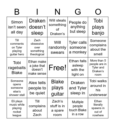 Guys Dorm Bingo Card