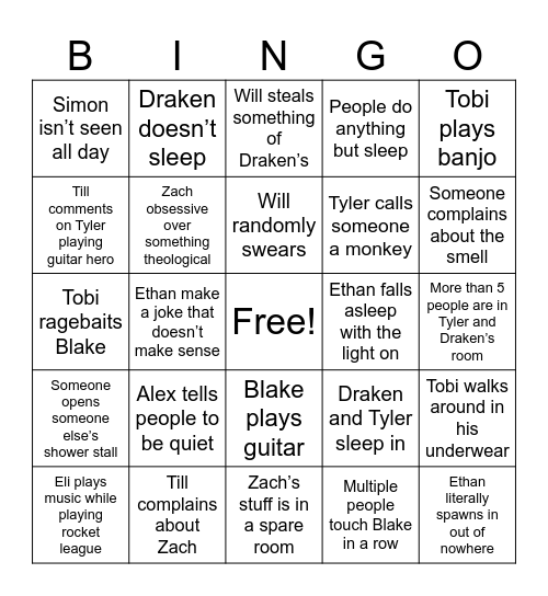 Guys Dorm Bingo Card