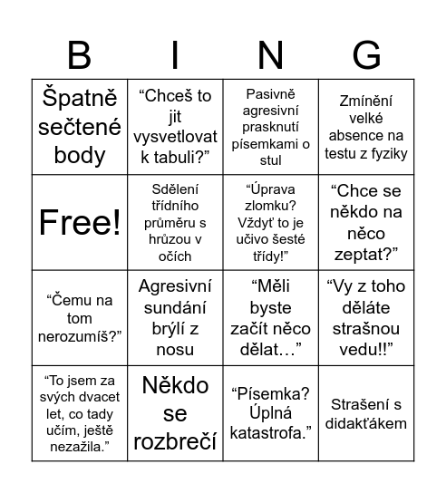 Hodina matematiky po čtvrtletce Bingo Card