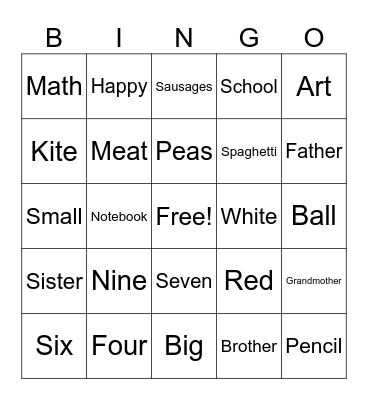 English Words Bingo Card