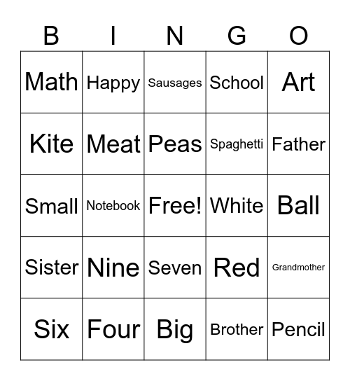 English Words Bingo Card