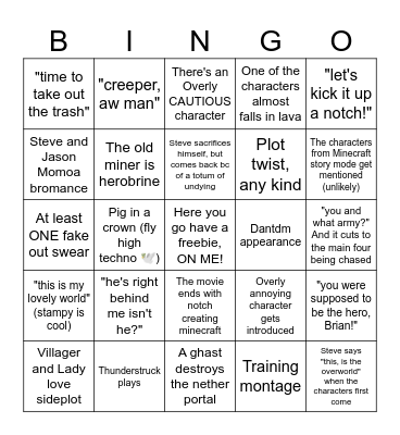 Minecraft Movie Bingo Card