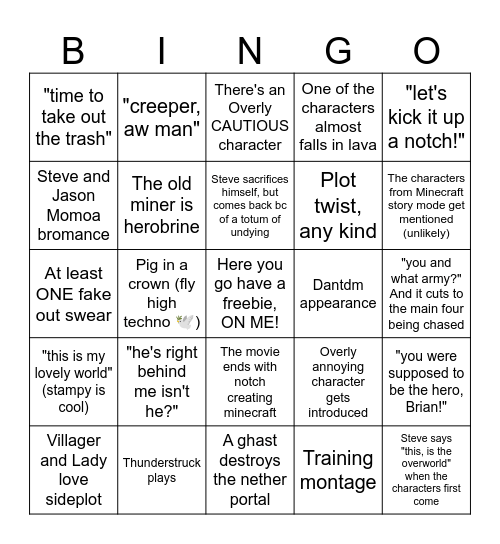 Minecraft Movie Bingo Card