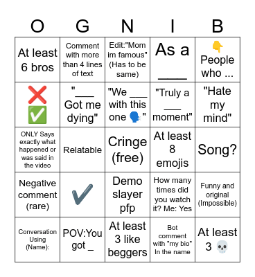 YouTube Shorts Comments Bingo Card