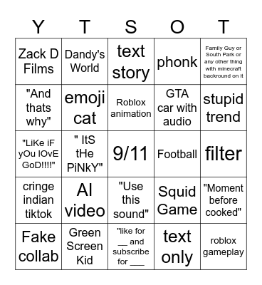Youtube Shorts Bingo Card